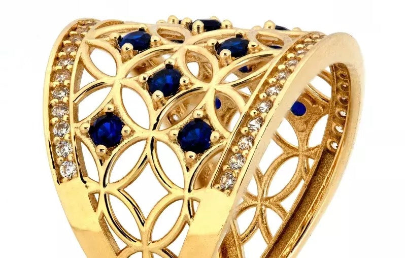 Široký zlatý ažúrový prsteň s tmavomodrými zirkónmi - Royal Blue Garden