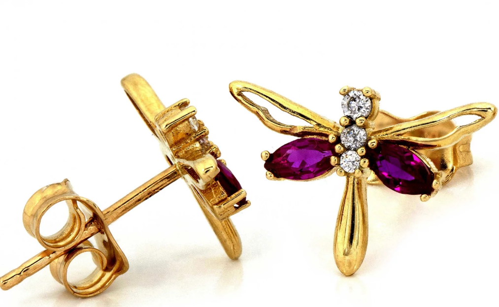 Zlaté náušnice vážky so zirkónmi