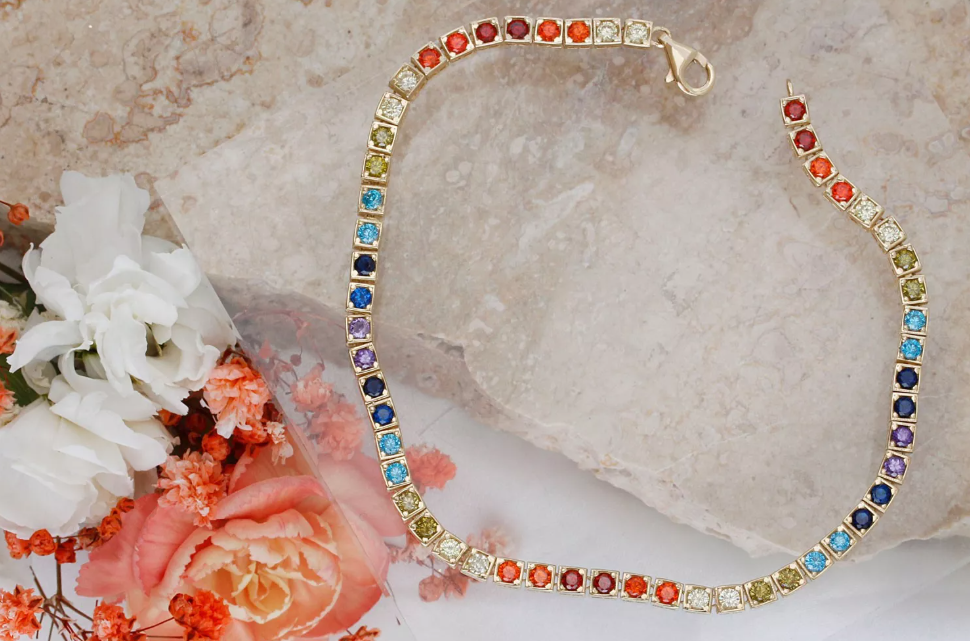 Zlatý náramok s farebnými zirkónmi – Rainbow Elegance