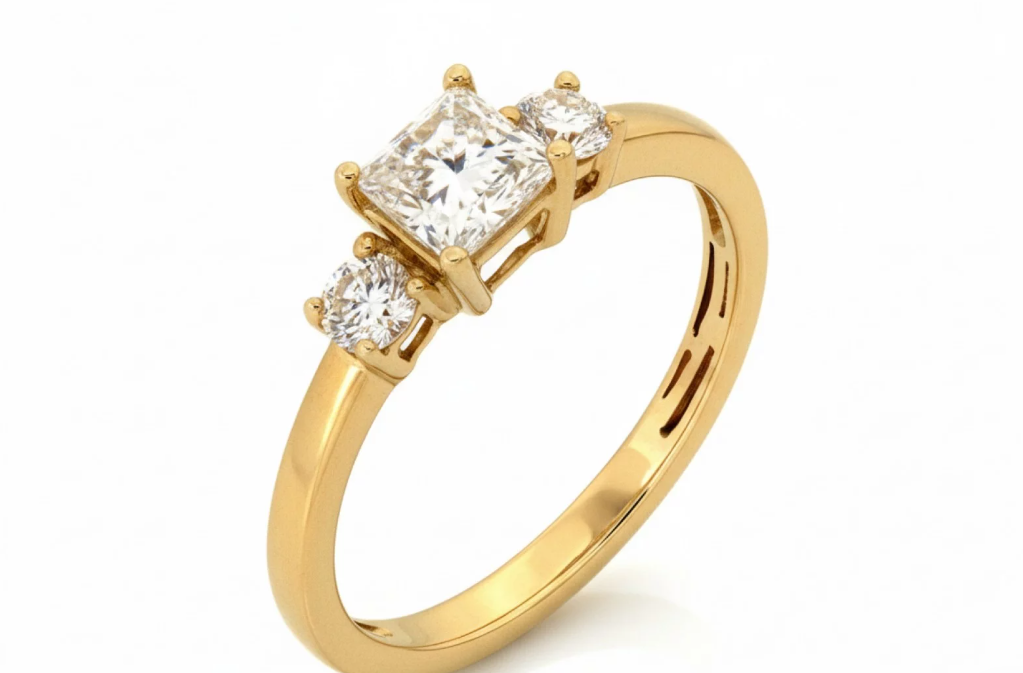 Zlatý prsteň s tromi diamantmi – princess & round cut