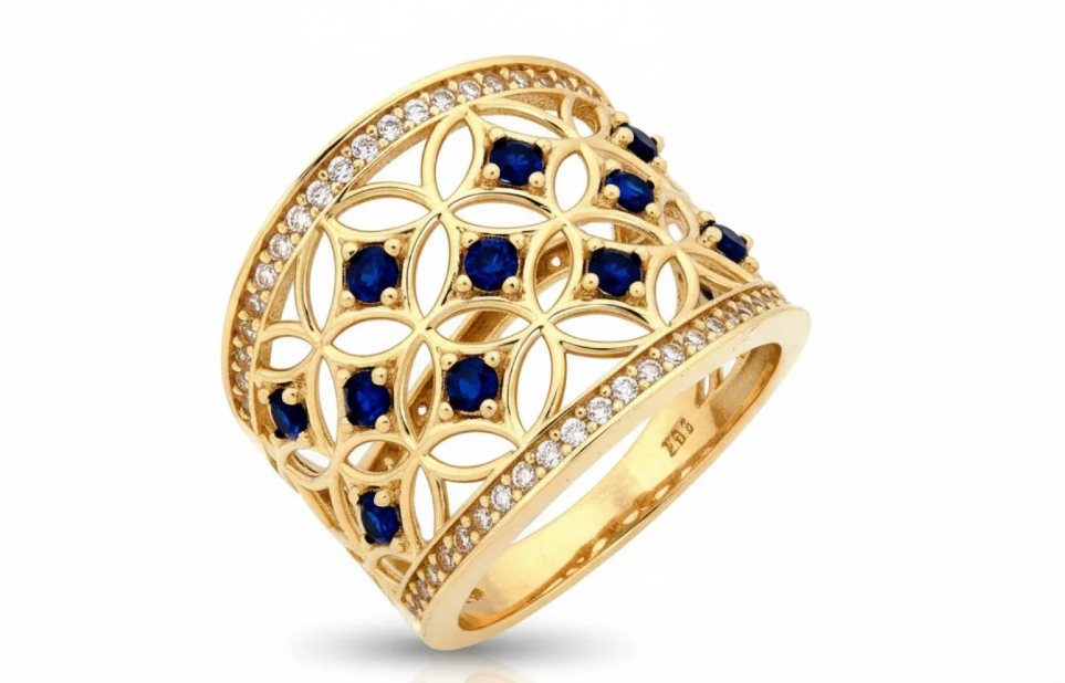 Široký zlatý ažúrový prsteň s tmavomodrými zirkónmi - Royal Blue Garden