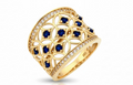 Široký zlatý ažúrový prsteň s tmavomodrými zirkónmi - Royal Blue Garden