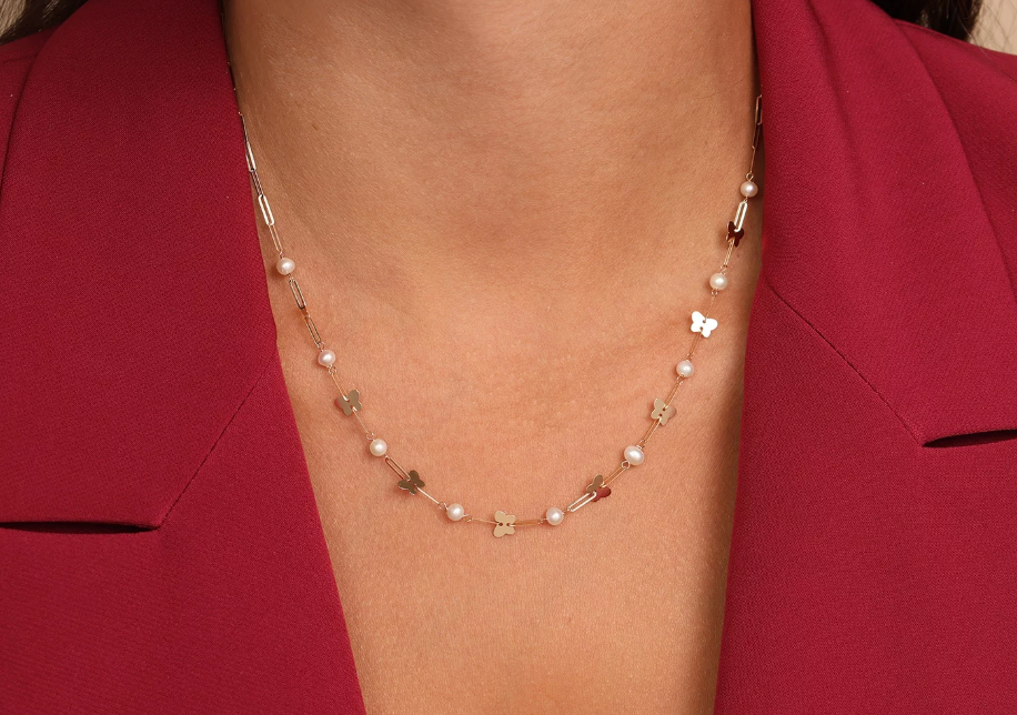 Zlatý náhrdelník - Butterfly Pearl Chain