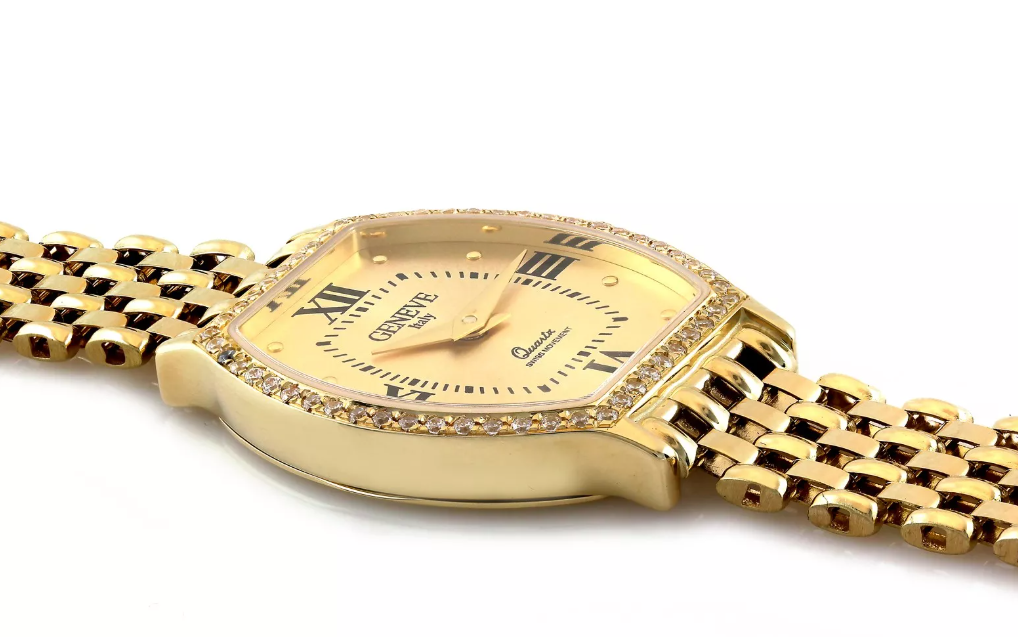 Zlaté dámske hodinky Geneve Italy so zirkónmi – súdkovitý ciferník