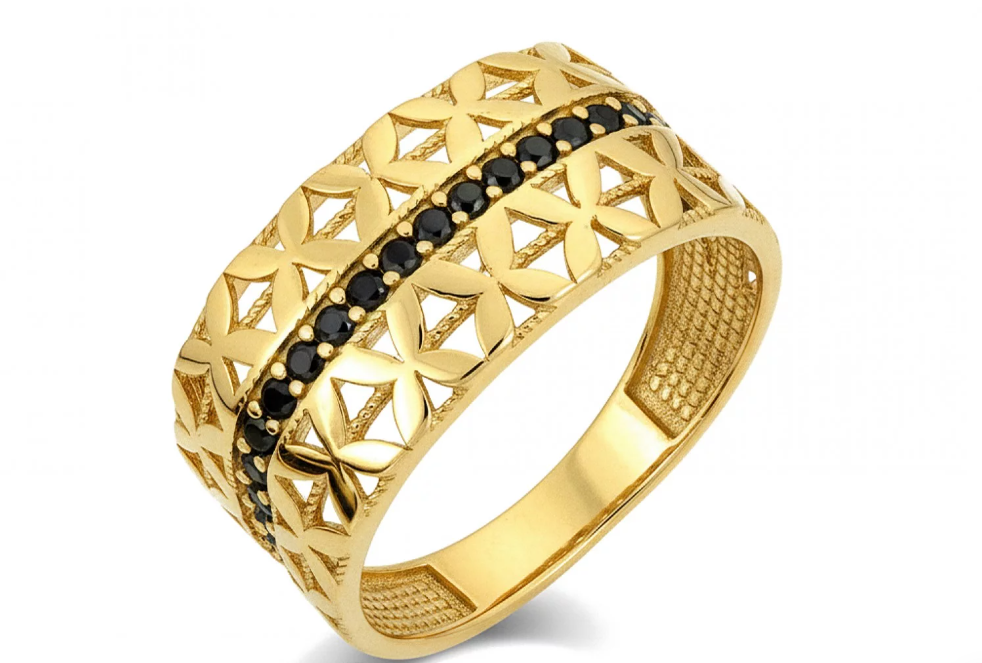 Zlatý prsteň s ornamentálnym vzorom a čiernymi zirkónmi – Golden Noire Fleur Ring