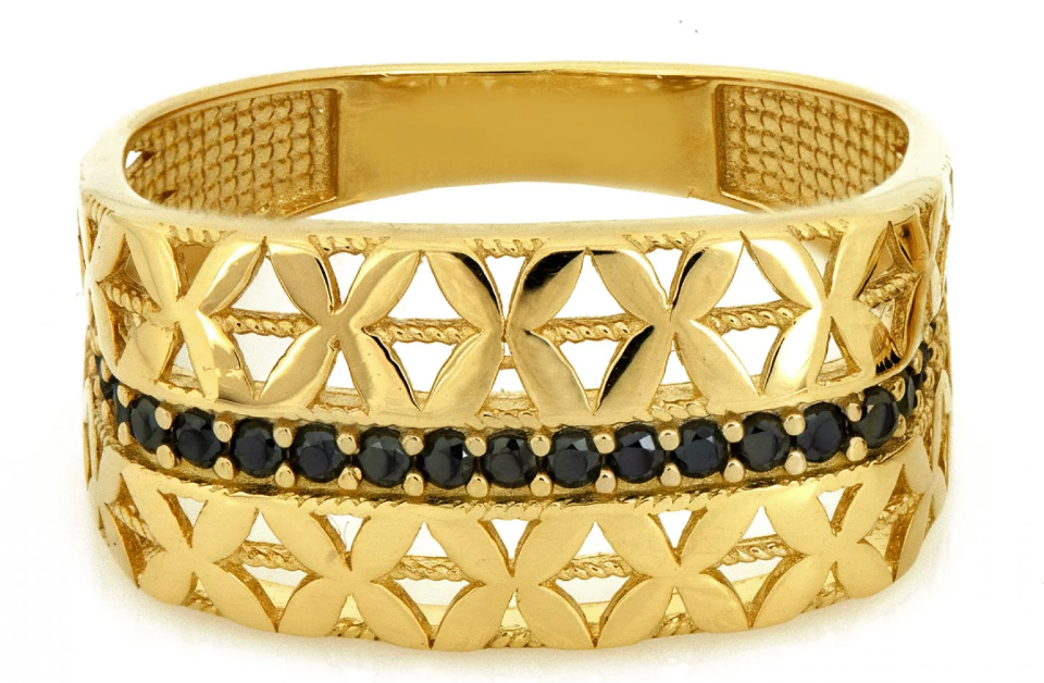 Zlatý prsteň s ornamentálnym vzorom a čiernymi zirkónmi – Golden Noire Fleur Ring