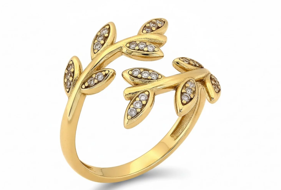 Zlatý prsteň s listovým motívom a zirkónmi – Golden Fleur Ring