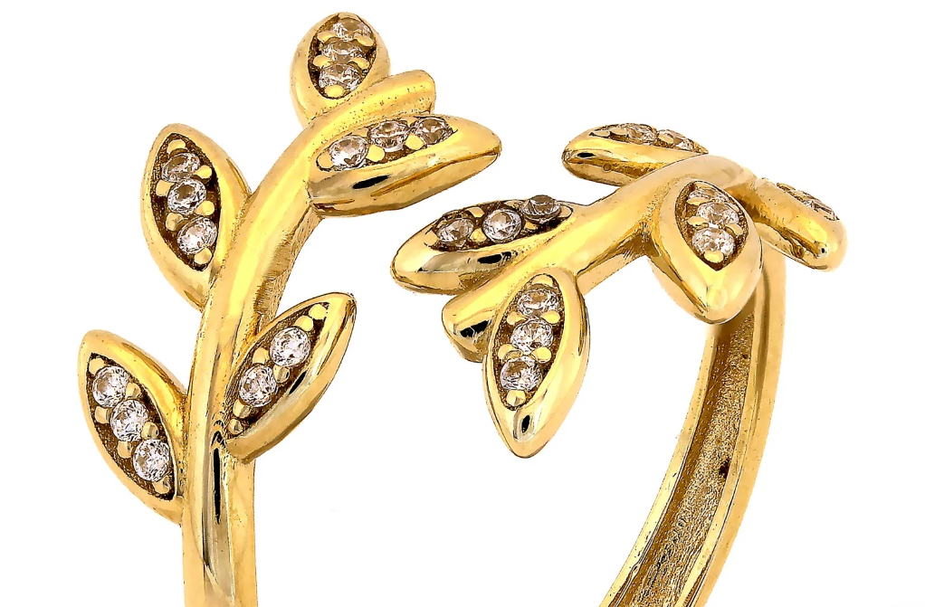 Zlatý prsteň s listovým motívom a zirkónmi – Golden Fleur Ring